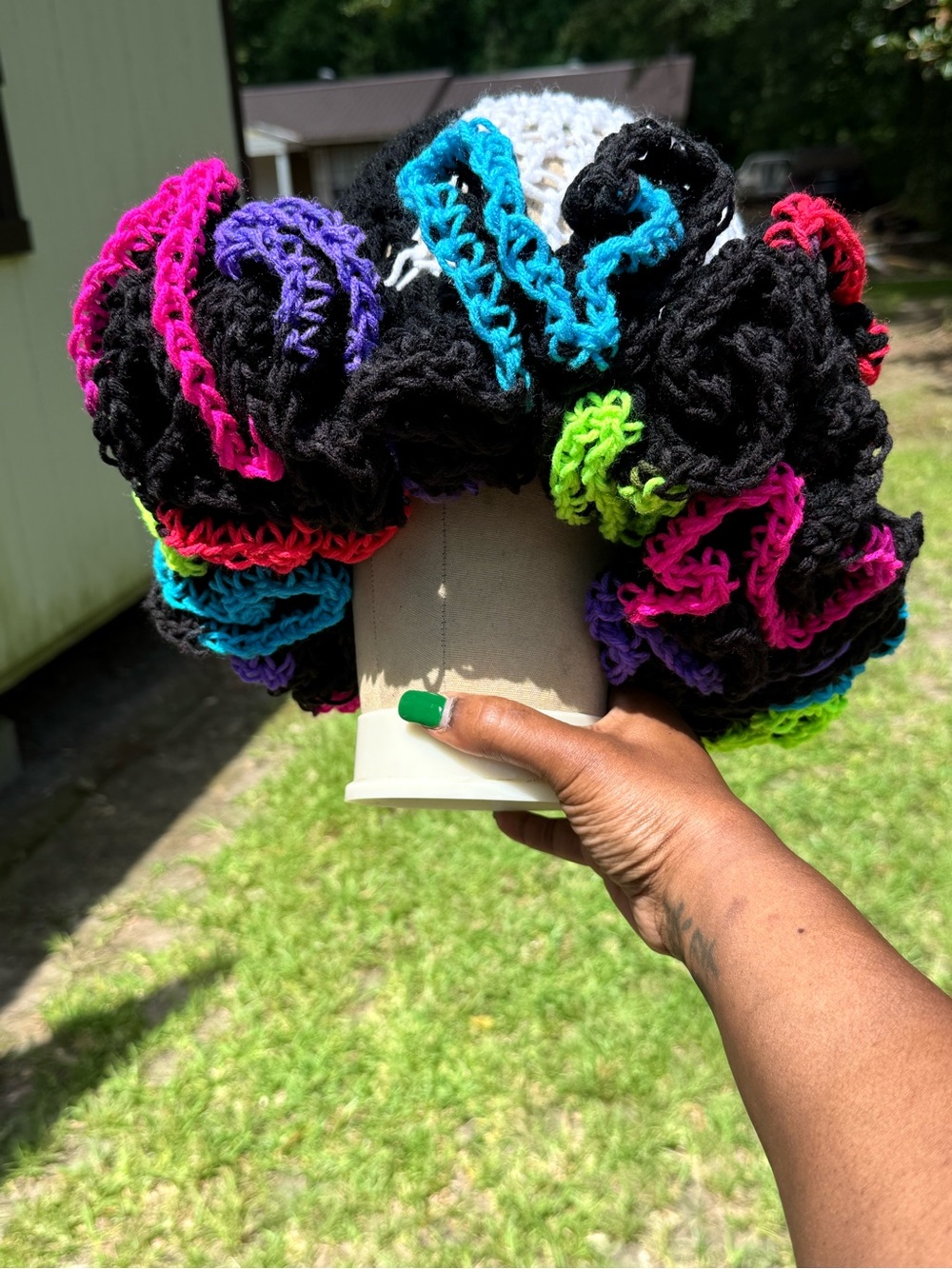 Black Crochet Handmade Hat with Neon Trim